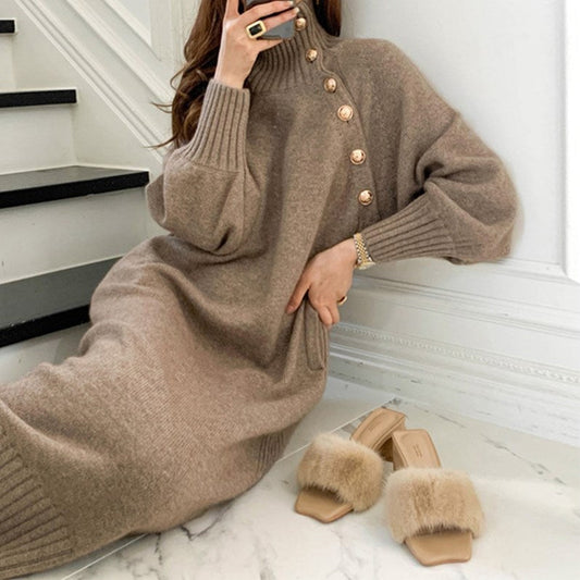 Loose Turtleneck Lace Up Knitted Winter Long Dresses-Dresses-Brown-One Size-Free Shipping at meselling99