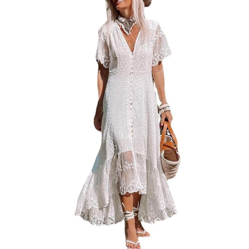 White V Neck Short Sleeves Dresses-Maxi Dresses-Free Shipping at meselling99