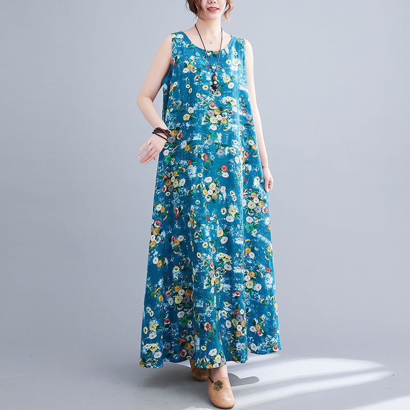 Vintage Linen Sleeveless Vest Women Long Dresses-Dresses-Blue-M-Free Shipping at meselling99