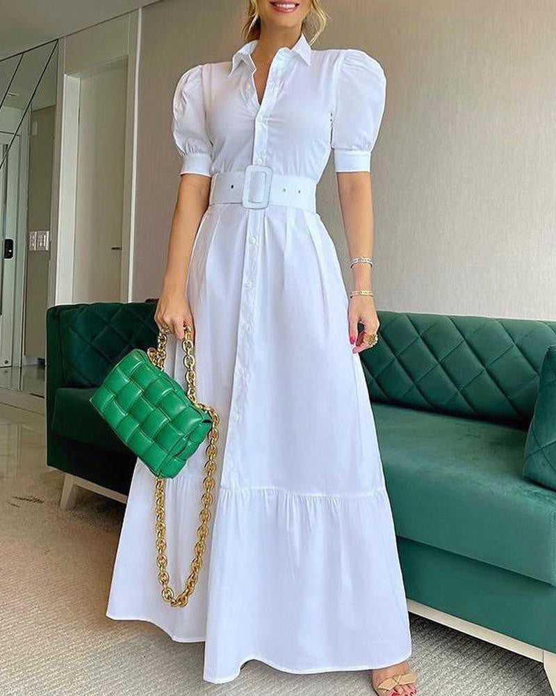 Elegant Short Sleeves Long Dresses with Belt-Maxi Dresses-White-S-Free Shipping at meselling99