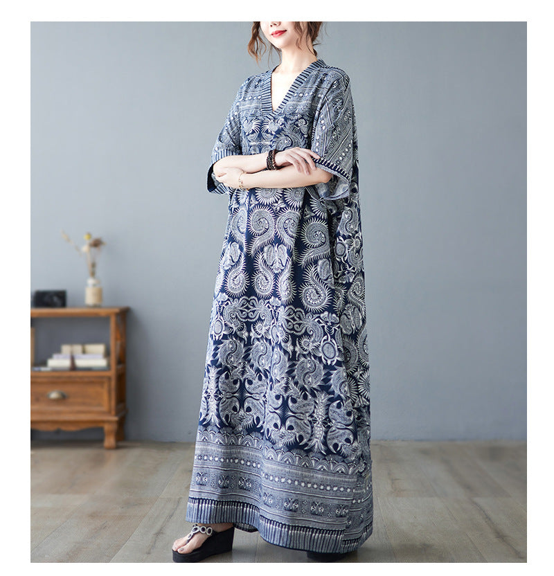 Vintage Linen Summer Holiday Long Cozy Dresses-Dresses-Blue-One Size-Free Shipping at meselling99