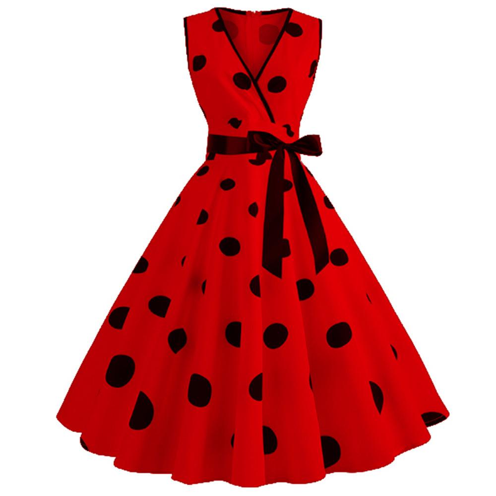 Casaul Sleeveless Dot Print Vintage Dresses-Dresses-Red-S-Free Shipping at meselling99
