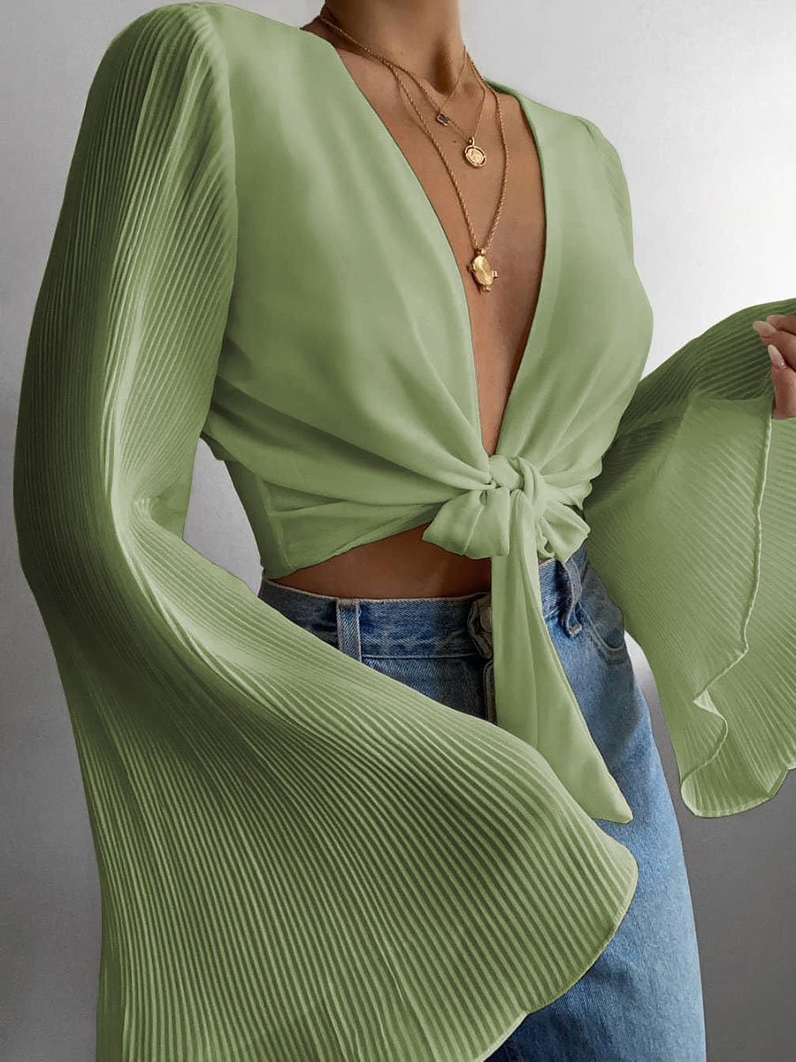 Long Sleeves Bare Midriff Summer Blouses-Blouses-Green-S-Free Shipping at meselling99