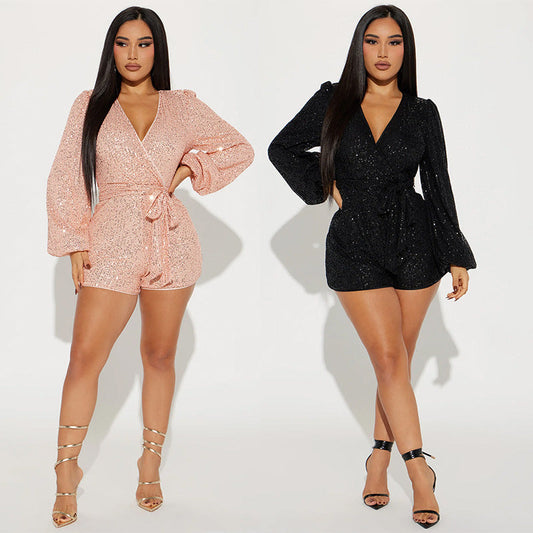 Sexy V Neck Sequined Long Sleeves Short Jumpsuit-Dresses-Free Shipping at meselling99