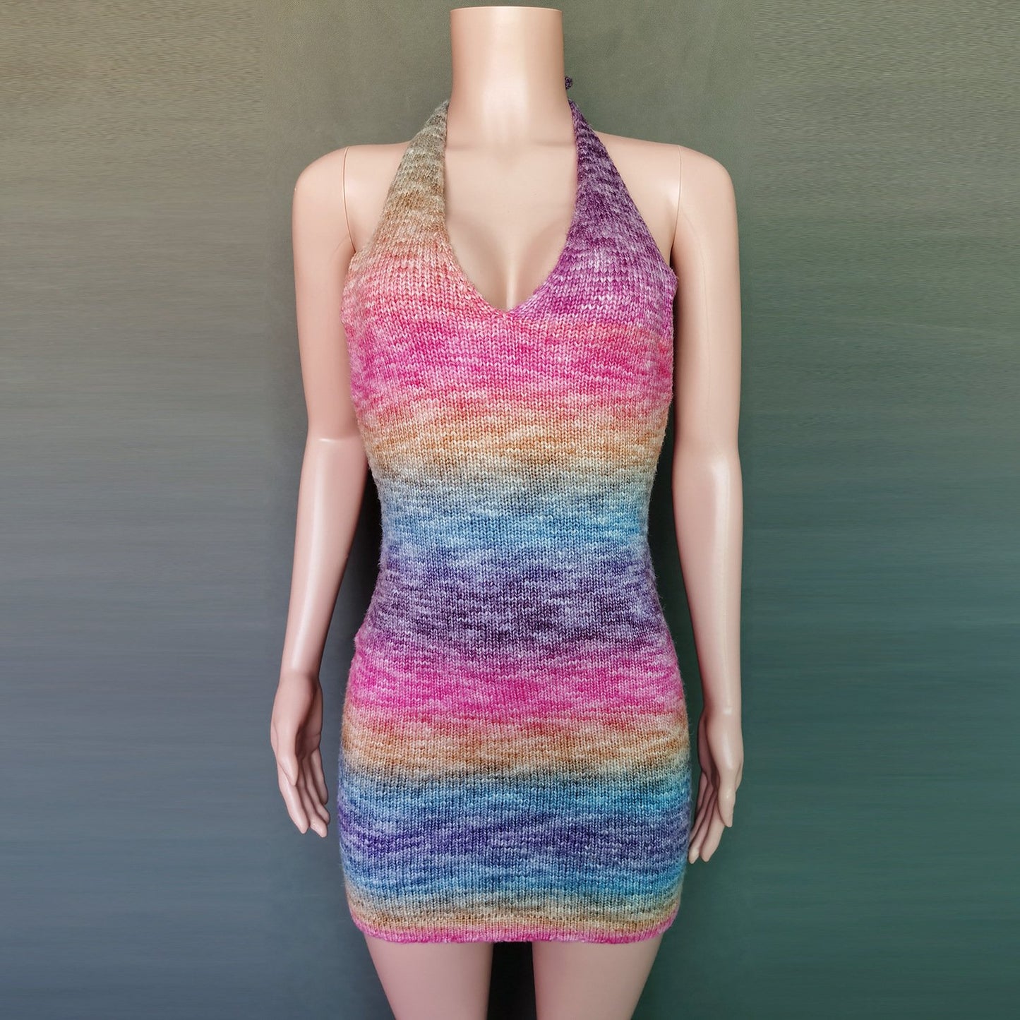 Sexy New Deep V-neck Rainbow Knitting Dresses-Sexy Dresses-2-XS-Free Shipping at meselling99