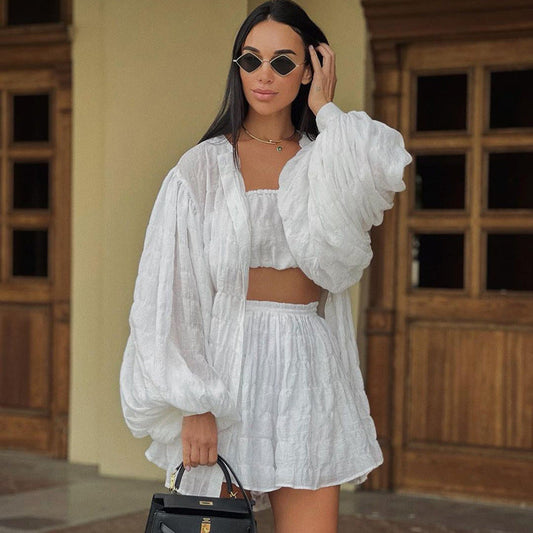 Casual Summer Long Sleeves Shirts with Strapless Tops and Shorts 3pcs Sets-Suits-Free Shipping at meselling99