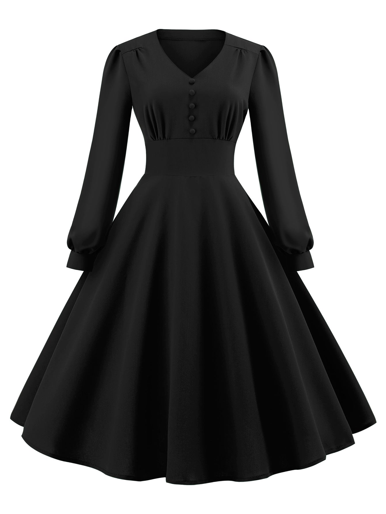 Vintage Long Sleeves Dresses with Button-Dresses-Black-S-Free Shipping at meselling99