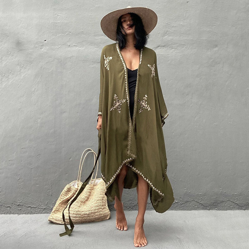Boho Summer Holiday Kimono Cover Up Dresses-Army Green-One Size-Free Shipping at meselling99