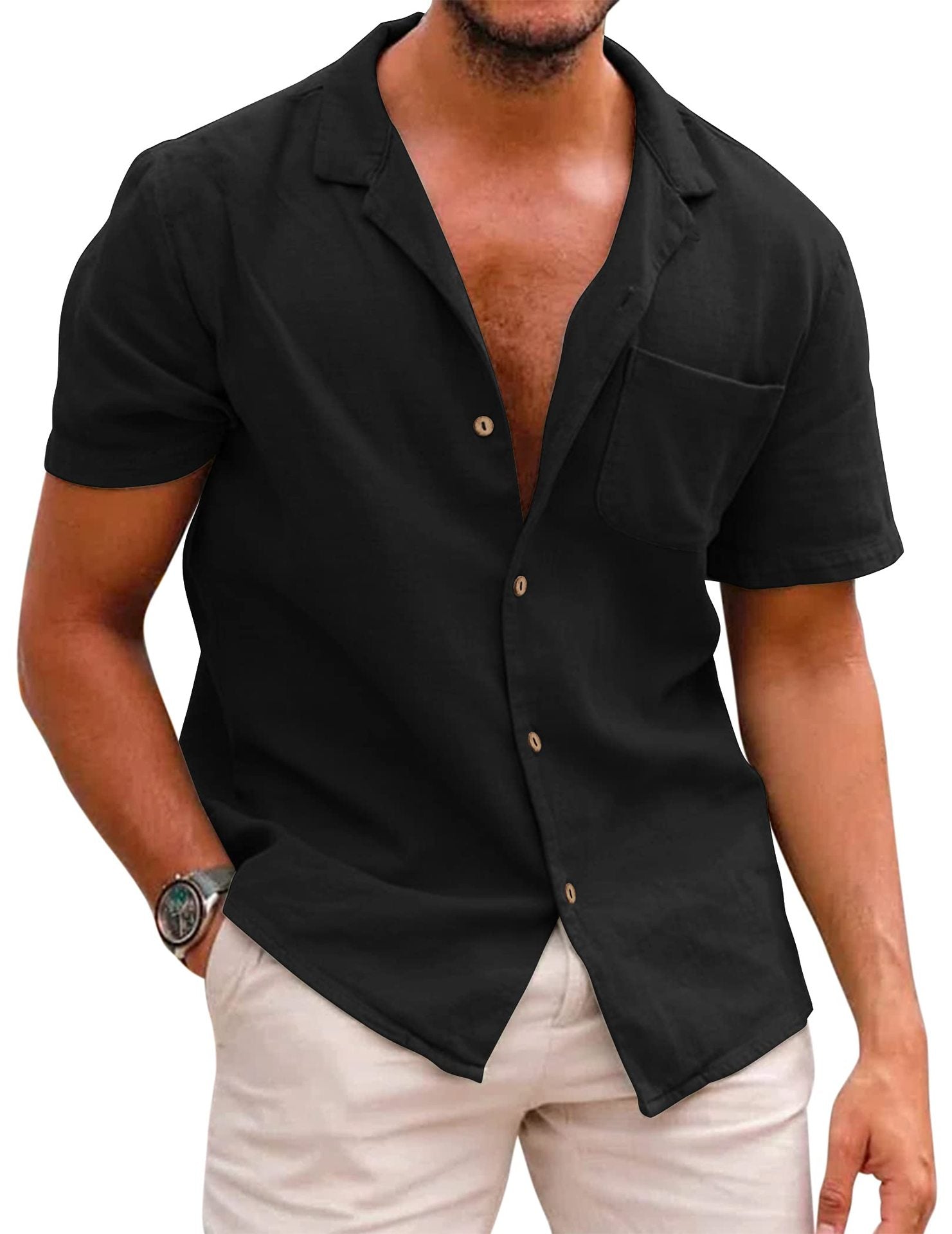 Casual Linen Short Sleeves Shirts for Men-Shirts & Tops-Black-S-Free Shipping at meselling99