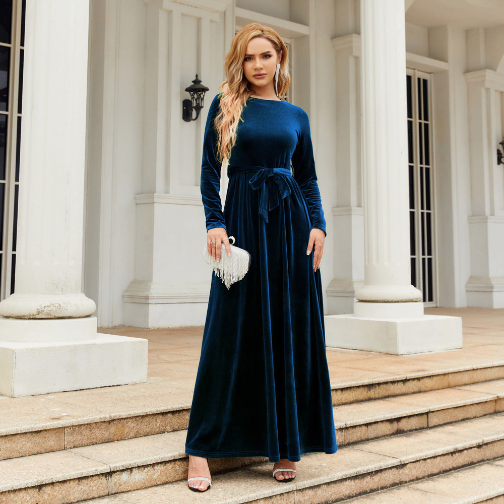 Elegant Velvet Long Sleeves Dresses-Dresses-Blue-S-Free Shipping at meselling99