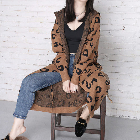 New Leopard Casual Knitted Cardigan Overcoats-Women Overcoat-Dark Khaki-M-Free Shipping at meselling99