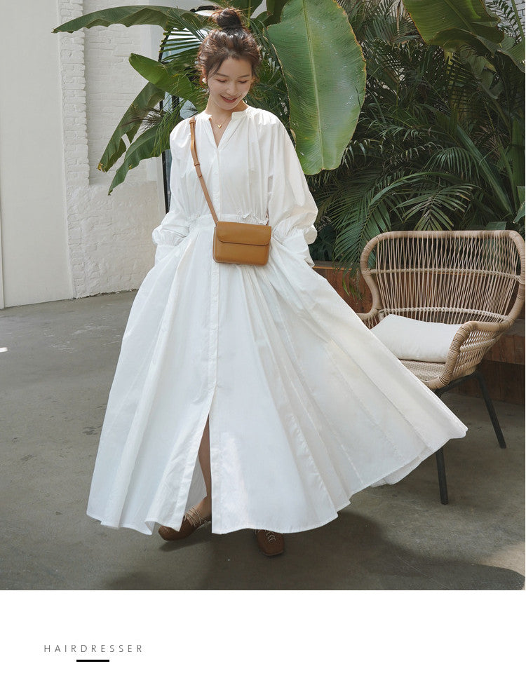 White Long Sleeves Fall Long Maxi Dresses-Maxi Dresses-Free Shipping at meselling99