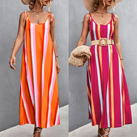 Sexy Backless Striped Long Sleeveless Dresses-Dresses-Free Shipping at meselling99