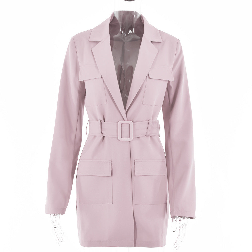 Women Fall Long Blazers with Belt-Shirts & Tops-Pink-S-Free Shipping at meselling99