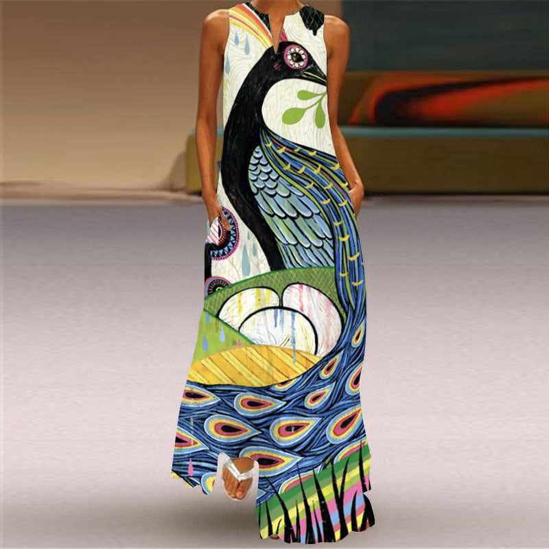 Women Summer Face Print Sleeveless Long Dresses-Boho Dresses-VLCQ-152-S-Free Shipping at meselling99