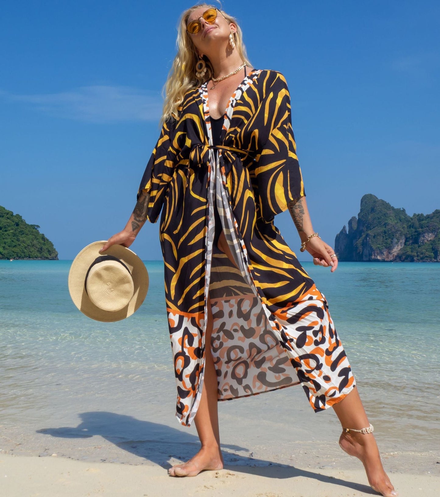 Fashion Floral Print Summer Kimono Beachwear Cover Ups-Yellow Zebra-One Size-Free Shipping at meselling99