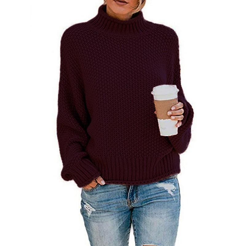 Fashion Leisure Turtleneck Pullover Sweaters-Women Sweaters-Wine Red-S-Free Shipping at meselling99