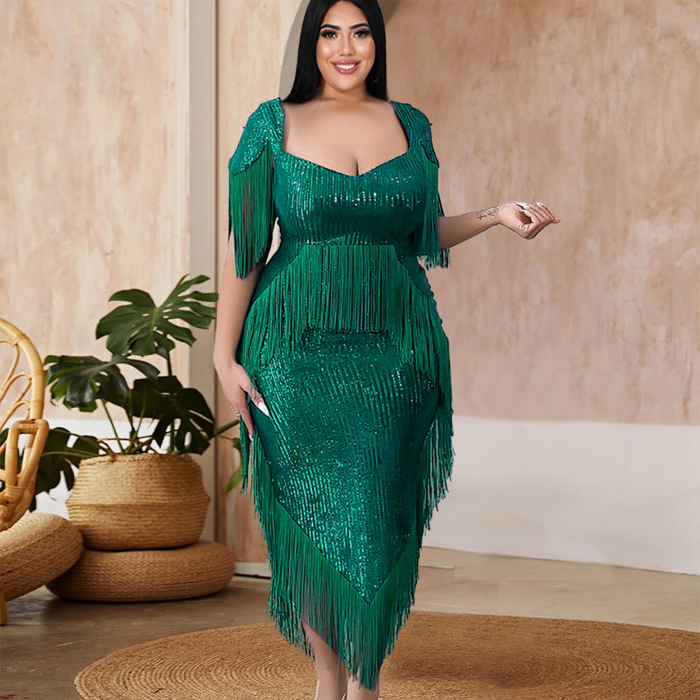Designed Green Tassels Plus Sizes Party Dresses-Dresses-Green-L-Free Shipping at meselling99