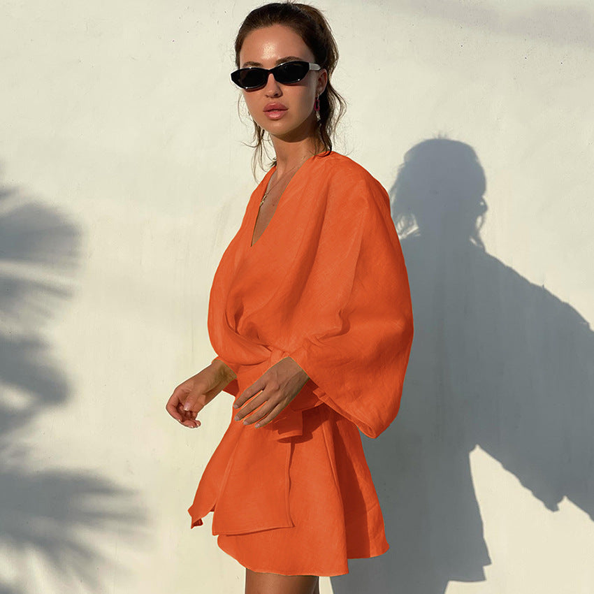 Designed Cotton Linen Irregular Mini Dresses-Dresses-Orange-S-Free Shipping at meselling99
