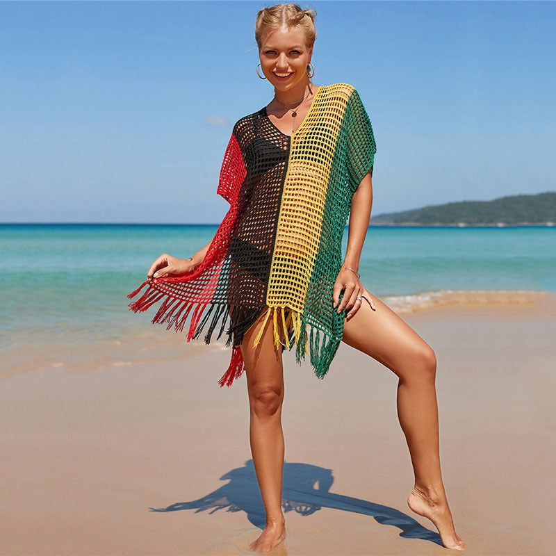 Colorful Knitting Crochet Tassels Swimwear Cover Ups for Women-C-One Size-Free Shipping at meselling99