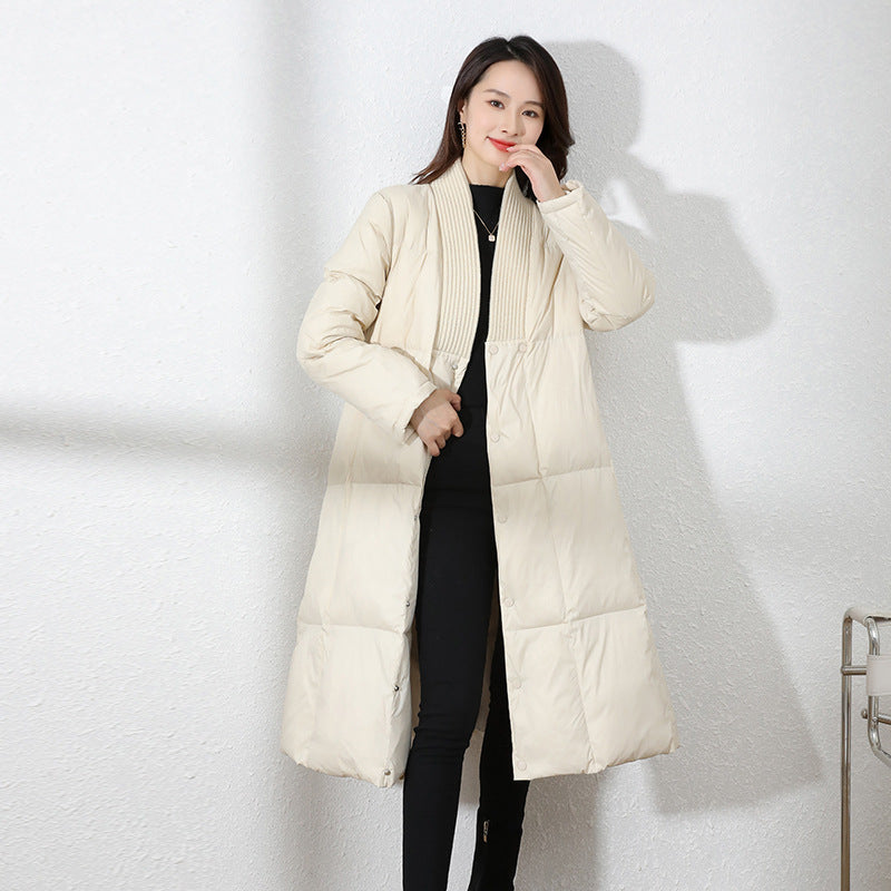 Leisure V Neck Winter Down Overcoats for Women-Outerwear-Off the White-M-Free Shipping at meselling99