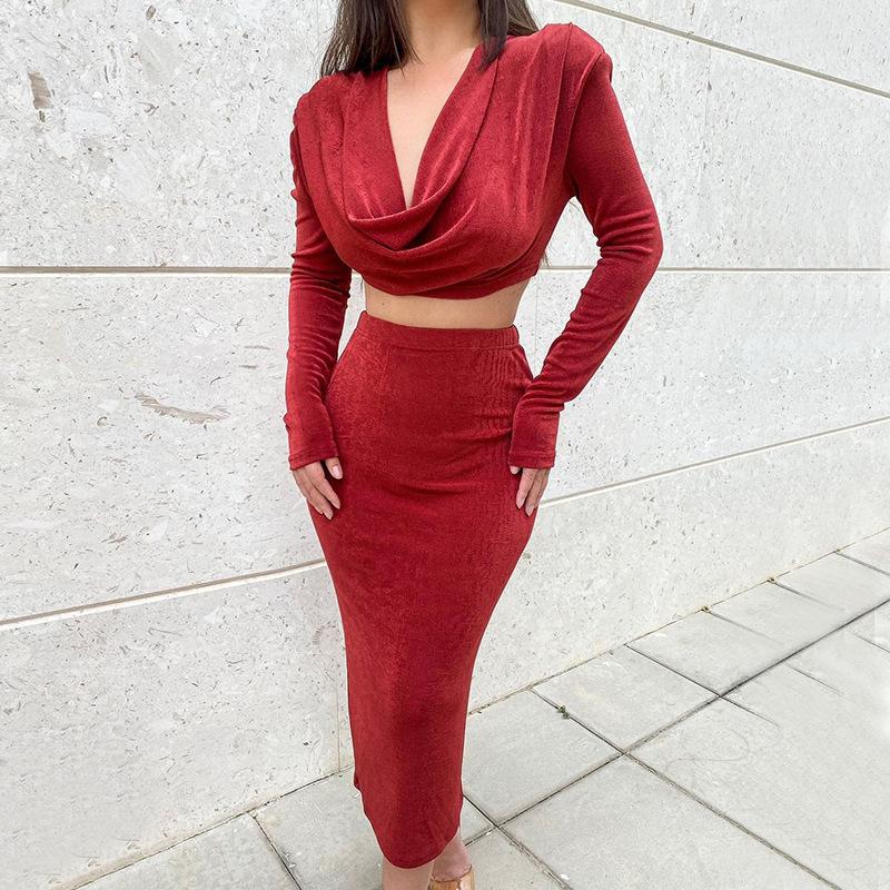 Sexy High Waist and Long Sleeves Midriff Baring 2pcs/Set-Dresses-Red-S-Free Shipping at meselling99