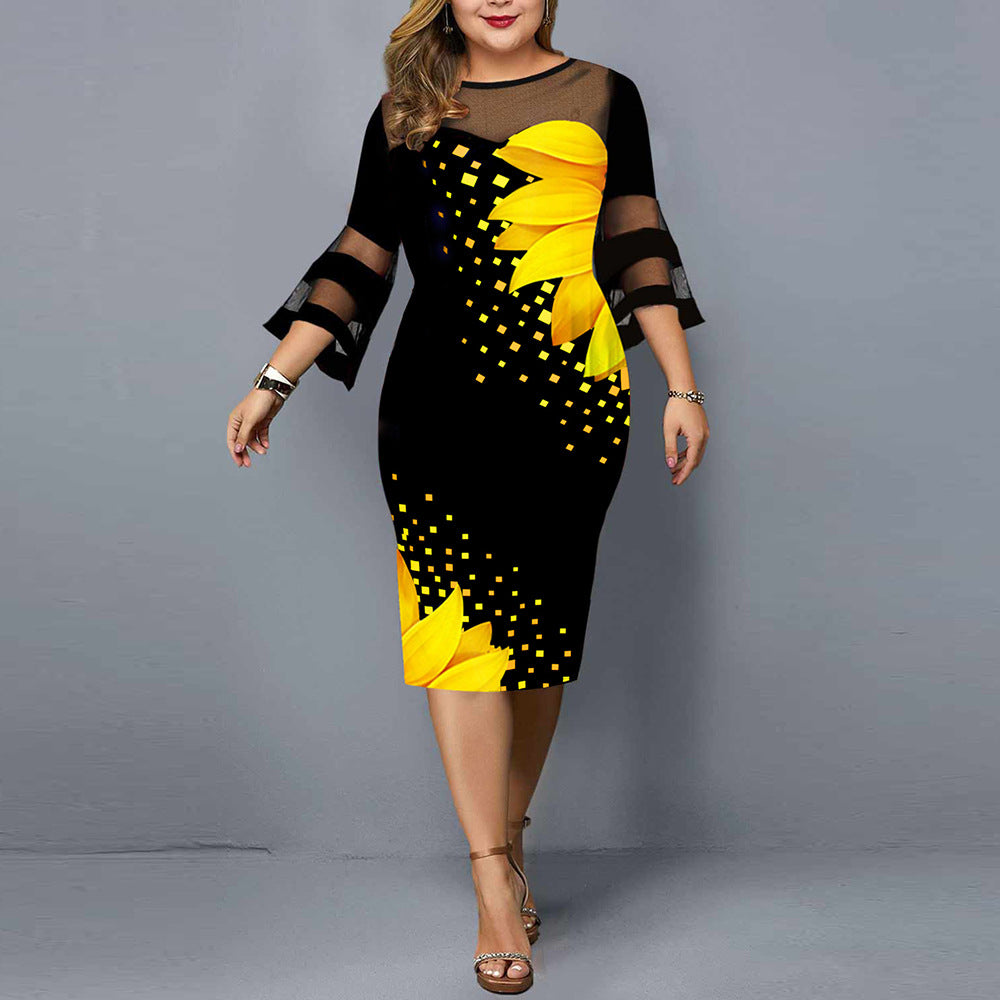Women Floral Print Plus Sizes Net Fall Dresses-Plus Size Dresses-Yellow Leaf-L-Free Shipping at meselling99