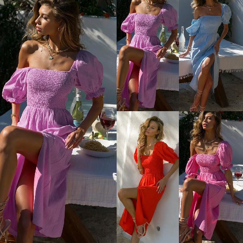 Sweety Women Casual Summer Off The Shoulder Split Front Midi Length Dresses--Free Shipping at meselling99