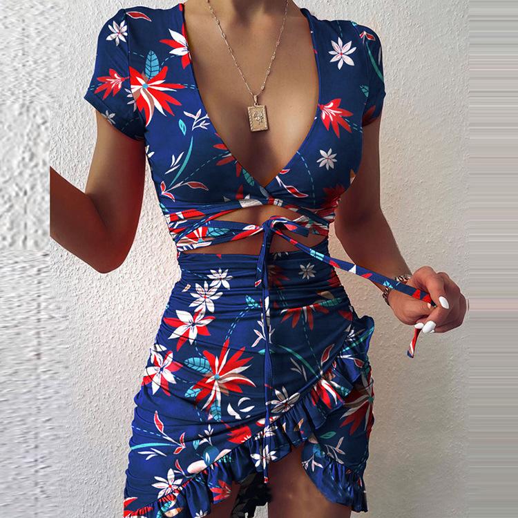 Sexy Women Summer V-neck Irregular Tight Mini Dresses-Sexy Dresses-Blue-L-Free Shipping at meselling99
