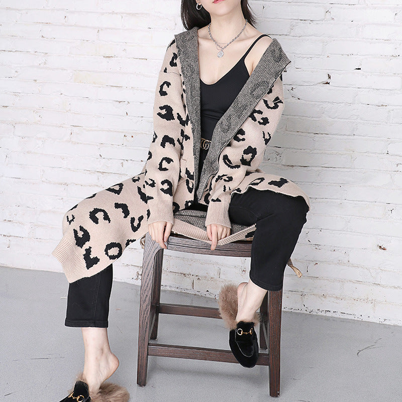 New Leopard Casual Knitted Cardigan Overcoats-Women Overcoat-Light Khaki-M-Free Shipping at meselling99