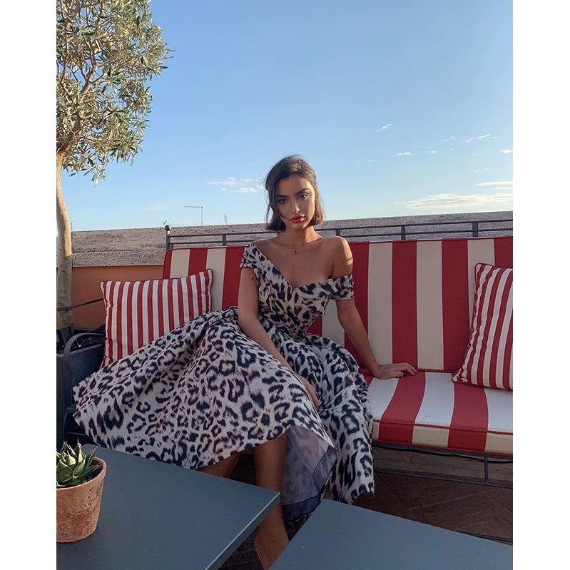 Leopard Off The Shoulder Midi Dresses-Maxi Dresses-Free Shipping at meselling99