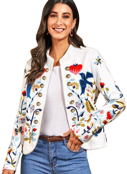 Classy Fashion Floral Print Cardigan Top Coats-Women Outerwear-White-S-Free Shipping at meselling99