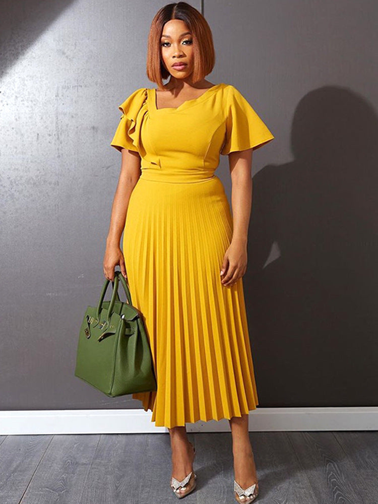 Elegant Dress Elegant Ruffled Summer Short Sleeves Dresses-Dresses-Yellow-S-Free Shipping at meselling99