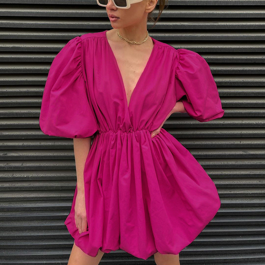 Fashion Summer Puff Sleeves Mini Dresses-Dresses-Dark Pink-S-Free Shipping at meselling99