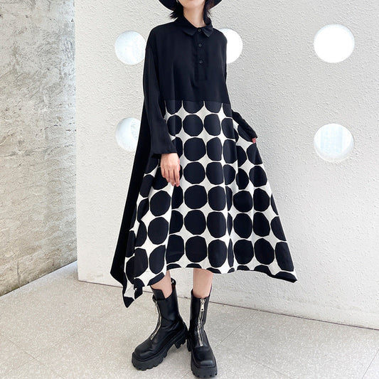Vintage Dot Print Black Long Sleeves A Line Shirts Dresses-Dresses-Black-One Size-Free Shipping at meselling99