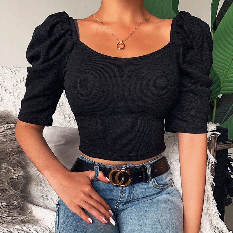 Sexy Square Neckline Short Sleeves Midriff Baring Tops-Shirts & Tops-Free Shipping at meselling99