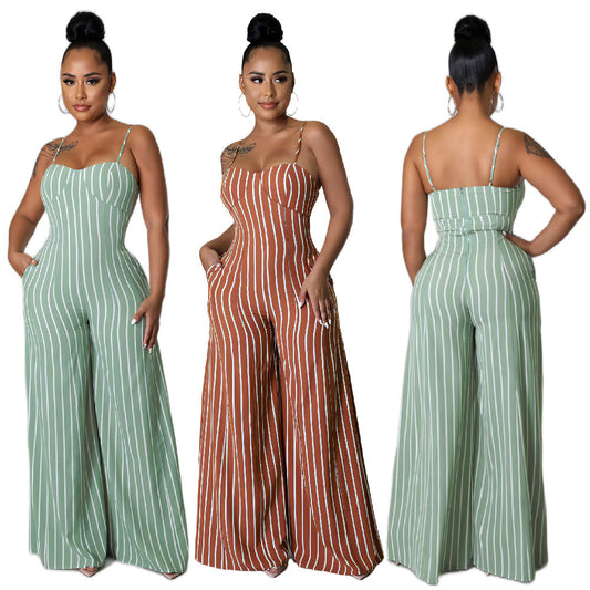Sexy Backless Striped Wide Legs Jumpsuits-Jumpsuits & Rompers-Free Shipping at meselling99