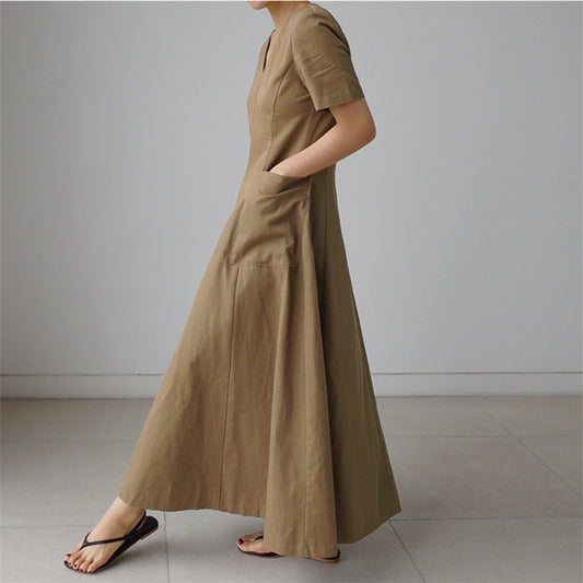 Women Short Sleeves Pocket V Neck Long Maxi Dresses-Maxi Dresses-Free Shipping at meselling99