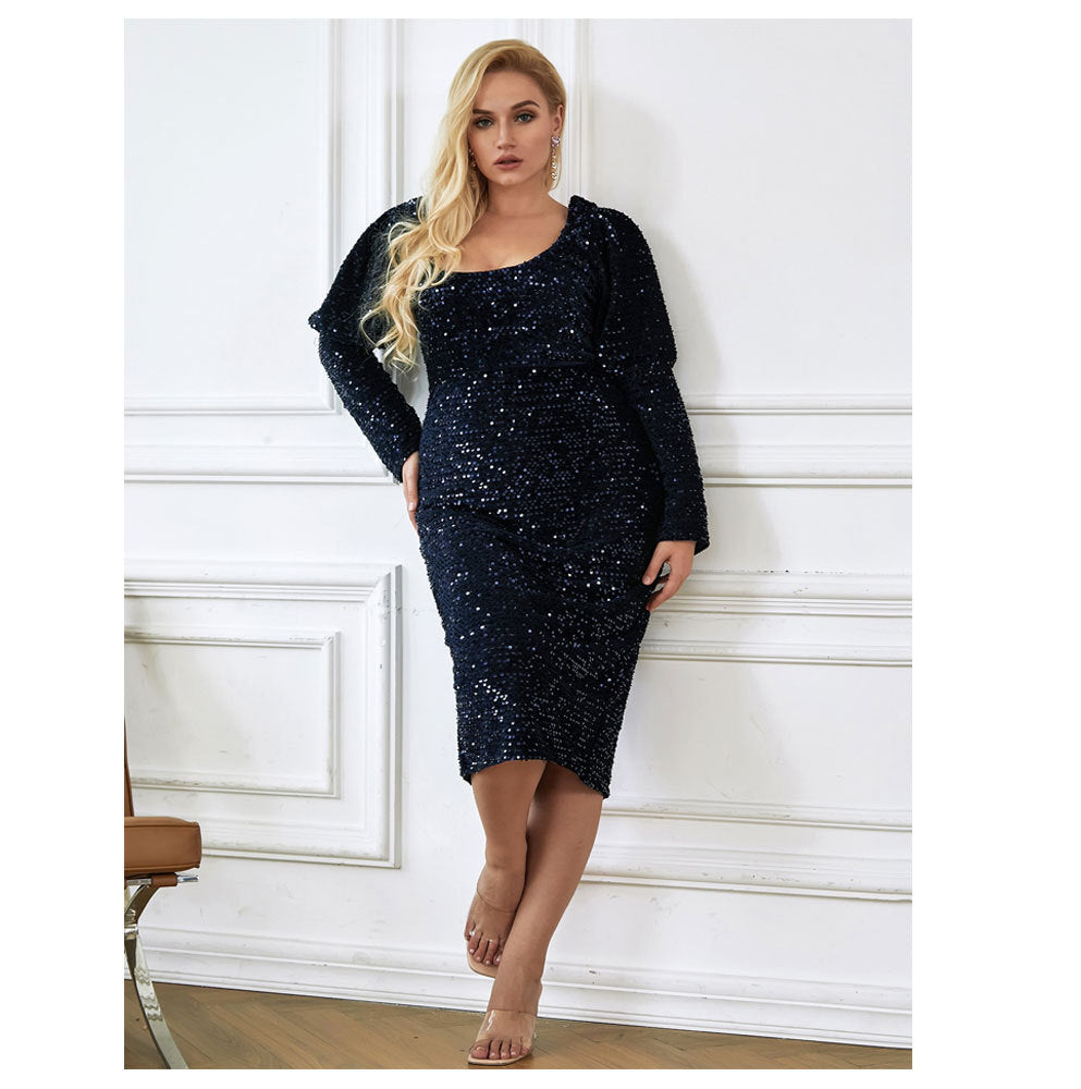 Summer Long Sleeves Sequined Plus Sizes Dresses-Dresses-Black-XL-Free Shipping at meselling99