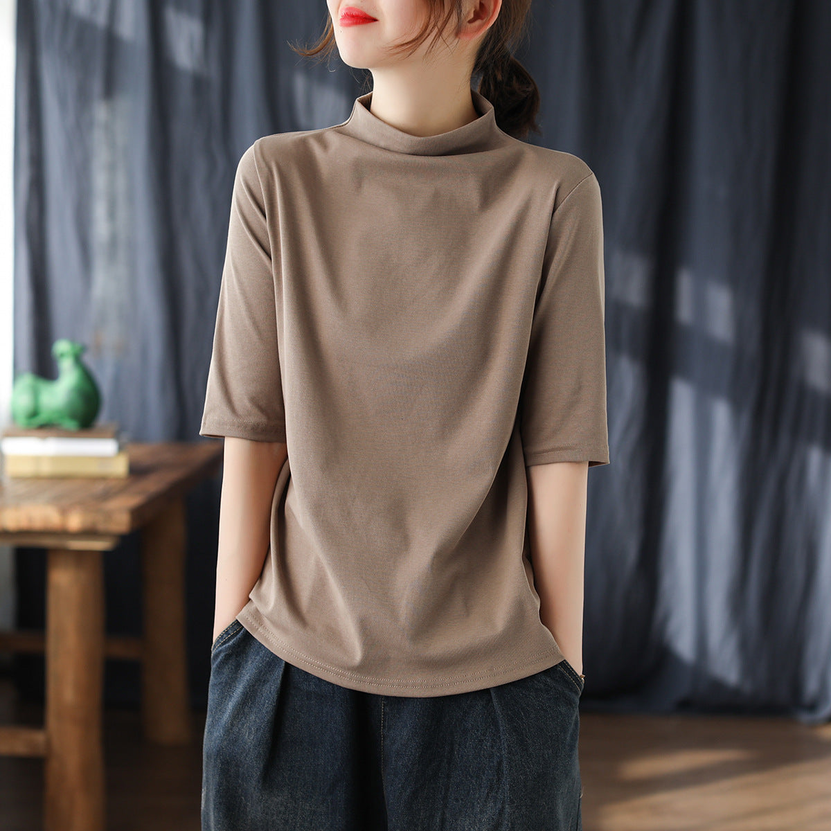 Vintage Half Sleeves Women High Neck T Shirts-Shirts & Tops-Khaki-One Size-Free Shipping at meselling99