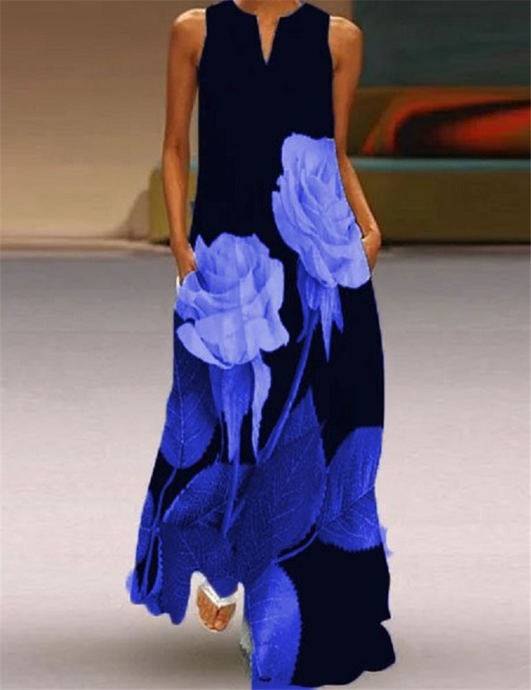 Plus Size V Neck Floral Long Dresses-Maxi Dresses-Blue-S-Free Shipping at meselling99