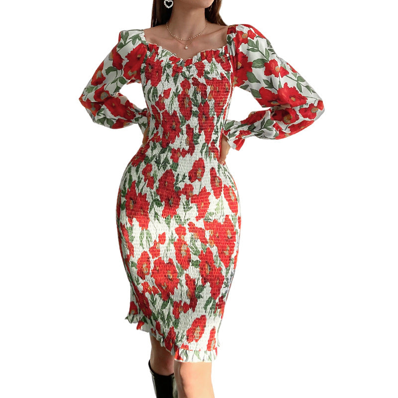 Sexy Red Flowers Long Sleeves Dresses-The same as picture-S-Free Shipping at meselling99