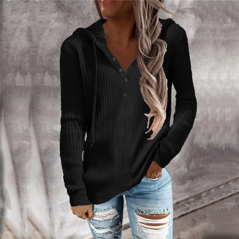 Women Casual Knitted V Neck Hoodies Sweaters-Shirts & Tops-Black-S-Free Shipping at meselling99