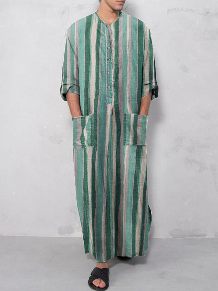 Casual Striped Men's Long Robes-Robes-Green-S-Free Shipping at meselling99