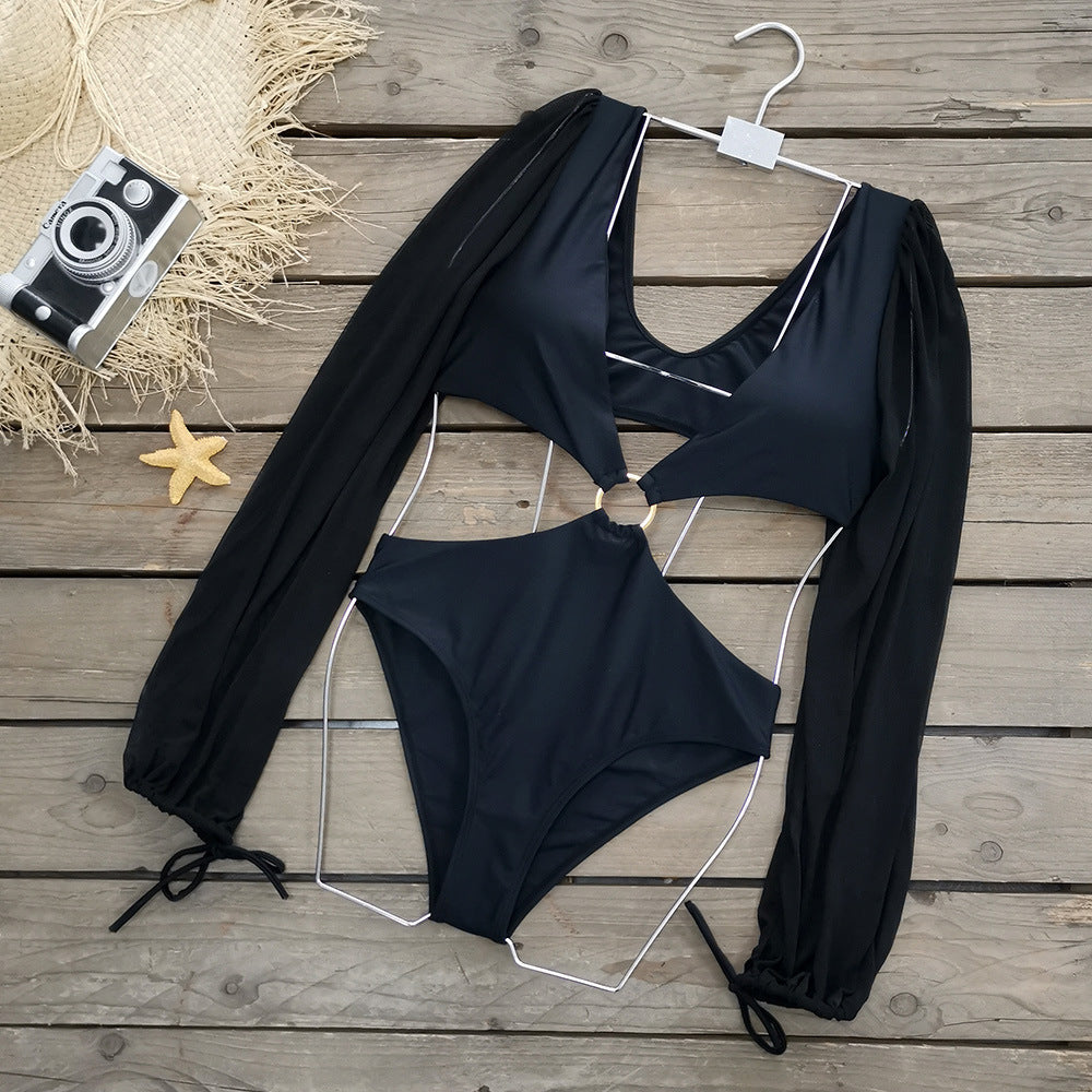 Black Long Sleeves Backless Women One Piece Swimsuits-Swimwear-Free Shipping at meselling99