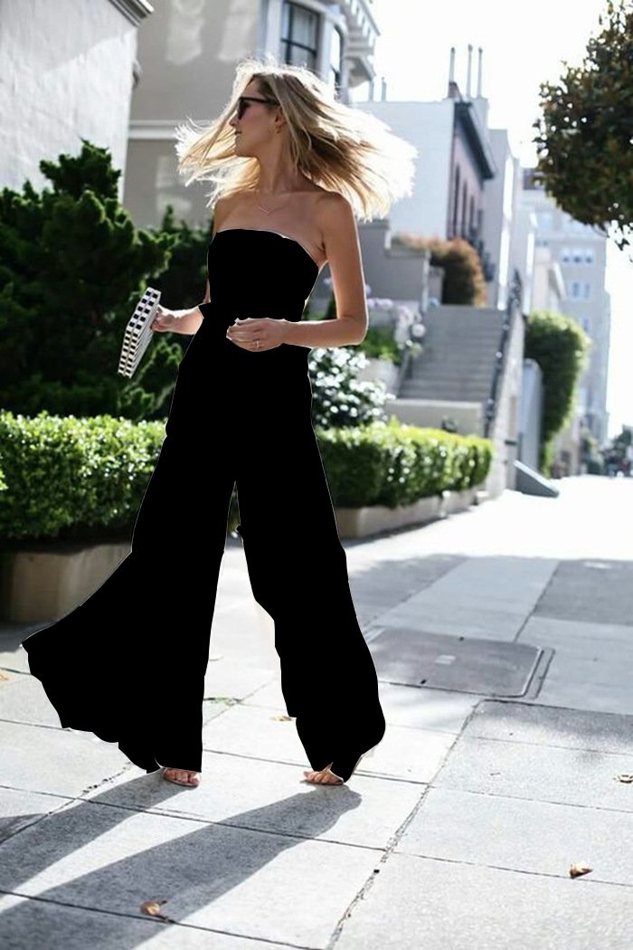 White Women Strapless Loose Chiffon Jumpsuits-Black-S-Free Shipping at meselling99
