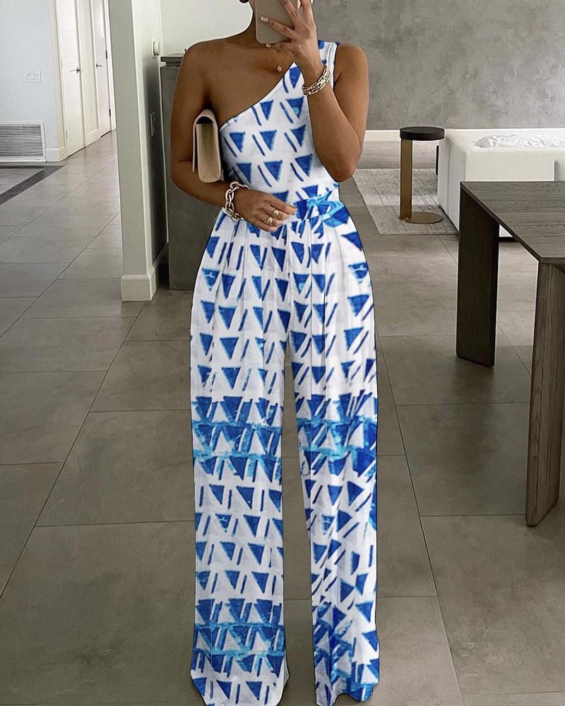 Hot Selling Simple One Shoulder Cozy Jumpsuits-Blue+White-S-Free Shipping at meselling99