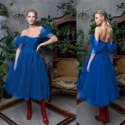 Blue Off The Shoulder Tulle Princess Dresses-Dresses-Free Shipping at meselling99