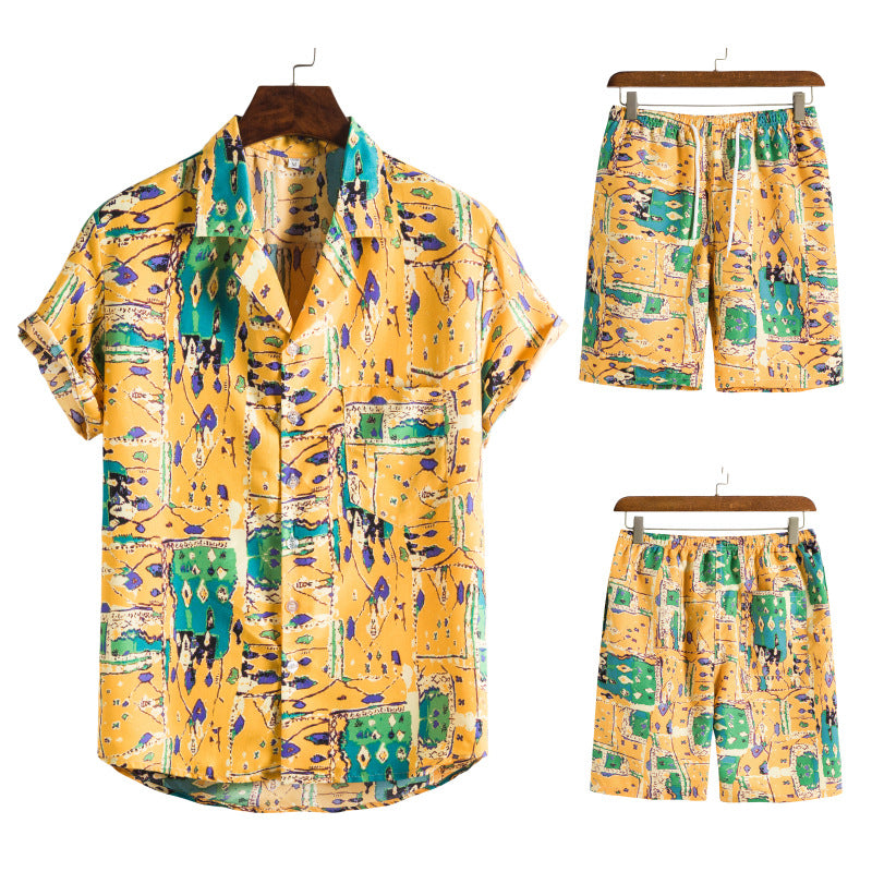 Summer Hawaii Floral Men‘s Beach Sets-Suits-TZ02-Yellow-M-Free Shipping at meselling99