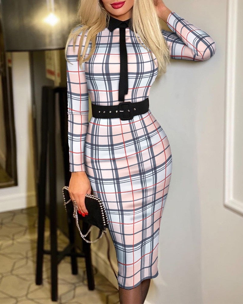 Sexy Long Sleeves Midi Length Dresses with Belt-Dresses-Plaid-Floral-S-Free Shipping at meselling99